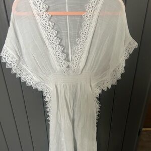 White Lace Trim Gauzy Kimono Cover-Up